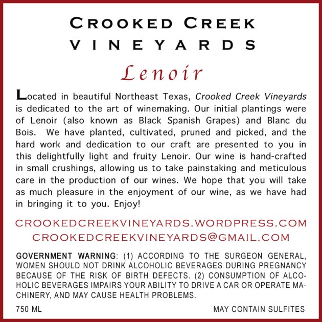 Crooked Creek Vineyards' Premier Cuveé 2011 | Back Label