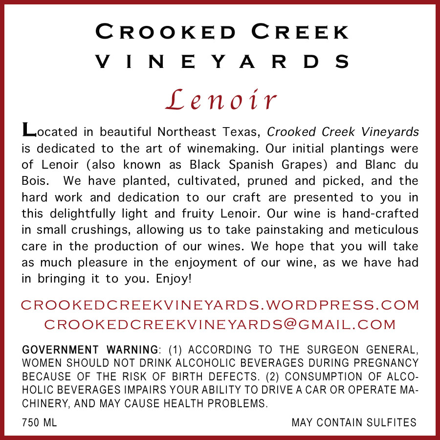 Crooked Creek Vineyards' Premier Cuveé 2011 | Back Label